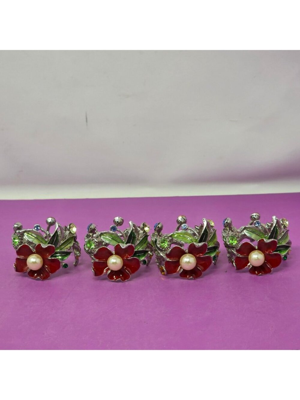 Set of 4 Floral Enamel Napkin Rings Rhinestone Faux Pearl Ladybug Silver Tone